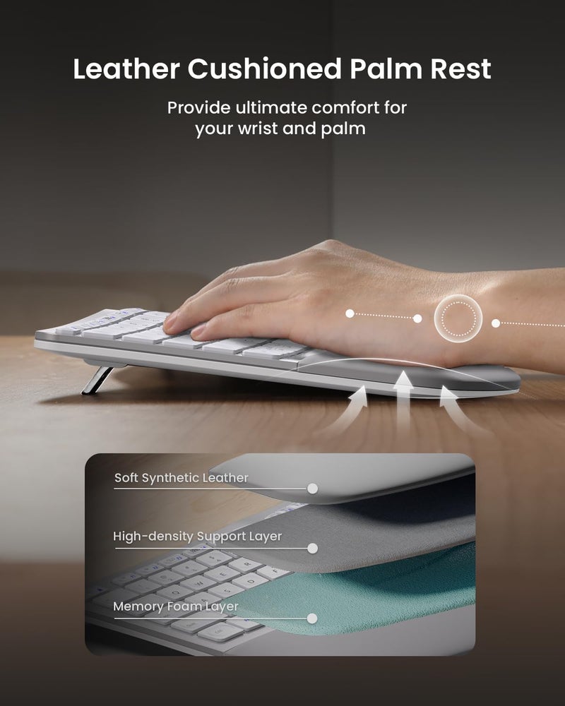 ProtoArc Ergonomic Wireless Keyboard Mouse, EKM01 Plus Full Size Ergo Bluetooth Keyboard Mouse Combo, Split Design, Wrist Rest, Multi-Device, Rechargeable, for Windows/Mac OS - White and Silver - Image 3